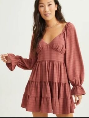 Altar'd State Rust Plaid Long Sleeve Tiered Mini Dress M
